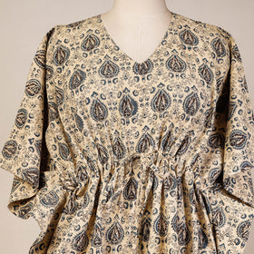 Beige Block Print Cotton Kalamkari Kaftan with Tie-Up Waist