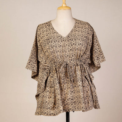 Beige Block Print Cotton Kalamkari Kaftan with Tie-Up Waist