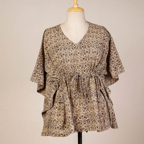 Beige Block Print Cotton Kalamkari Kaftan with Tie-Up Waist