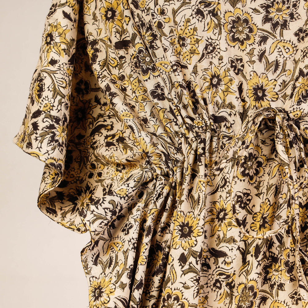 Beige - Kalamkari Block Printed Cotton Kaftan with Tie-Up Waist (Short)