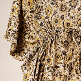 Beige - Kalamkari Block Printed Cotton Kaftan with Tie-Up Waist (Short)