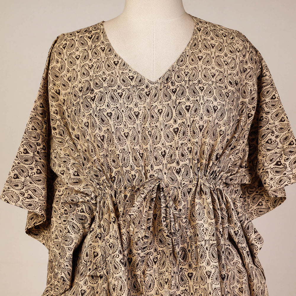 Beige Block Print Cotton Kalamkari Kaftan with Tie-Up Waist