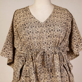 Beige Block Print Cotton Kalamkari Kaftan with Tie-Up Waist
