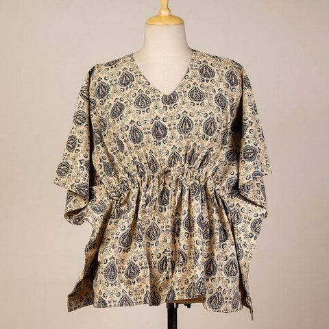 Beige Block Print Cotton Kalamkari Kaftan with Tie-Up Waist