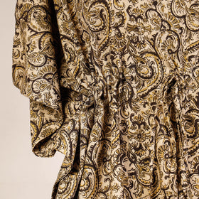 Beige Block Print Cotton Kalamkari Kaftan with Tie-Up Waist