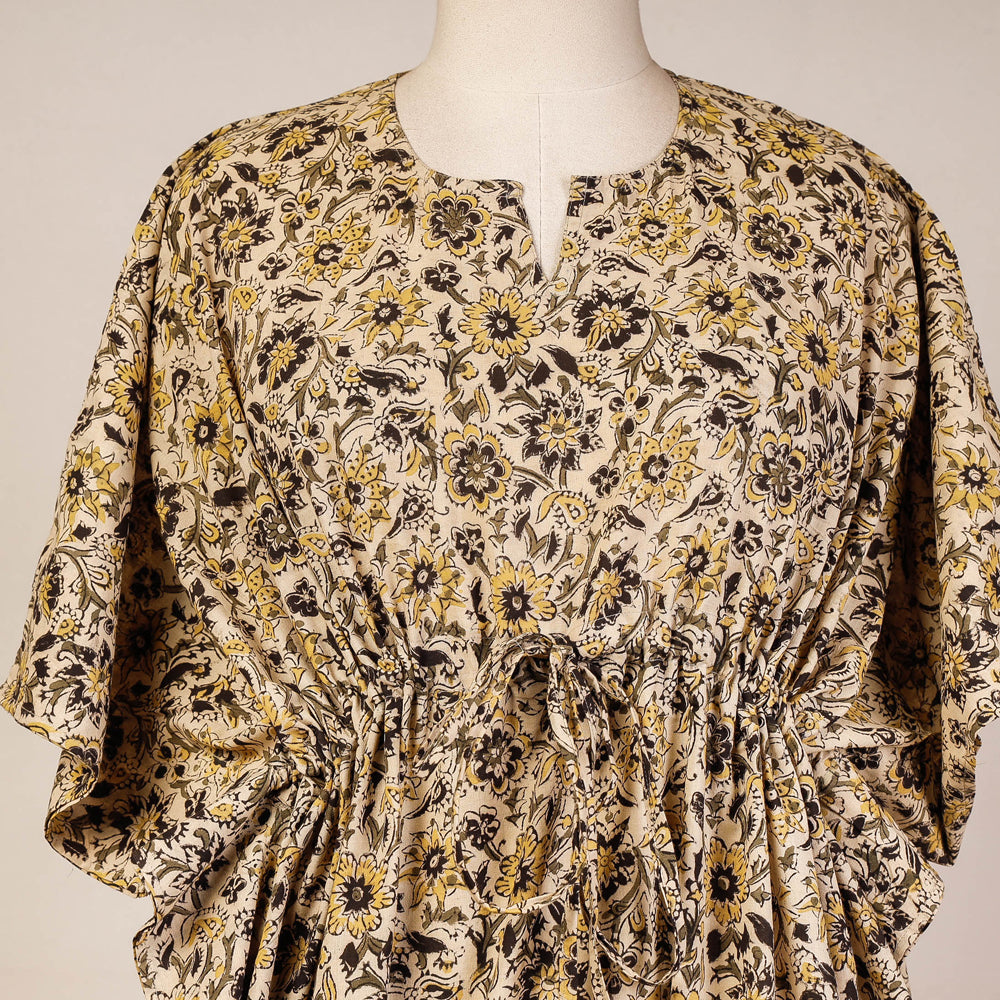 Beige - Kalamkari Block Printed Cotton Kaftan with Tie-Up Waist (Short)