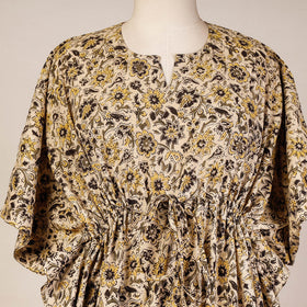 Beige - Kalamkari Block Printed Cotton Kaftan with Tie-Up Waist (Short)