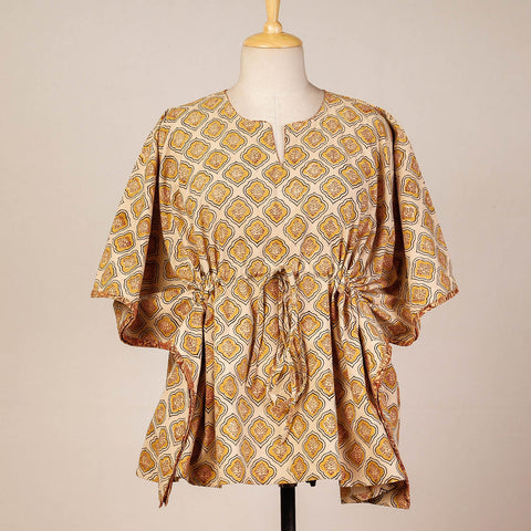 Beige Block Print Cotton Kalamkari Kaftan with Tie-Up Waist