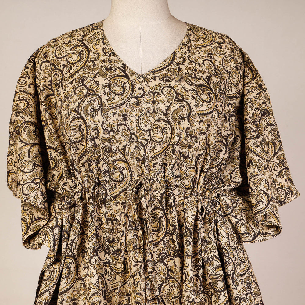 Beige Block Print Cotton Kalamkari Kaftan with Tie-Up Waist