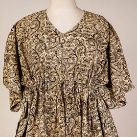 Beige Block Print Cotton Kalamkari Kaftan with Tie-Up Waist