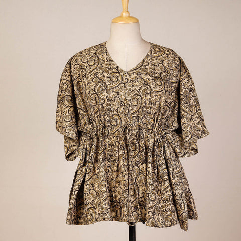 Beige Block Print Cotton Kalamkari Kaftan with Tie-Up Waist