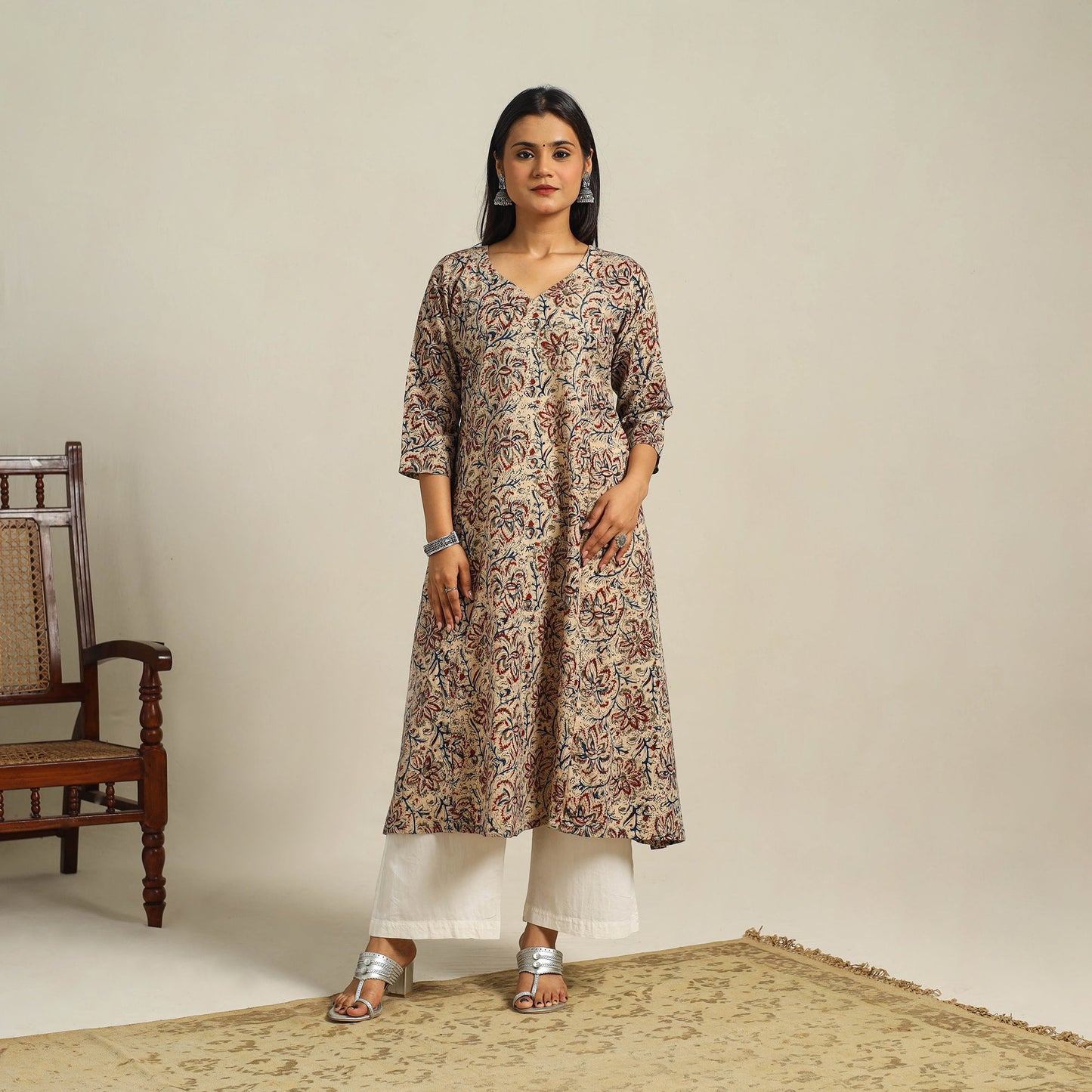  Beige Block Print Cotton A-Line Kalamkari Kurta For Women