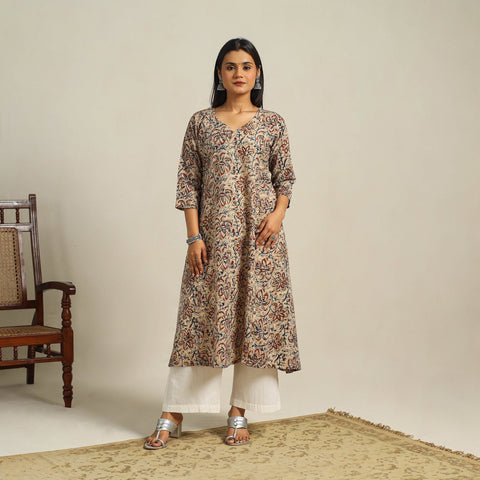  Beige Block Print Cotton A-Line Kalamkari Kurta For Women