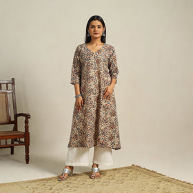  Beige Block Print Cotton A-Line Kalamkari Kurta For Women