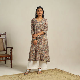  Beige Block Print Cotton A-Line Kalamkari Kurta For Women