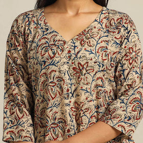  Beige Block Print Cotton A-Line Kalamkari Kurta For Women