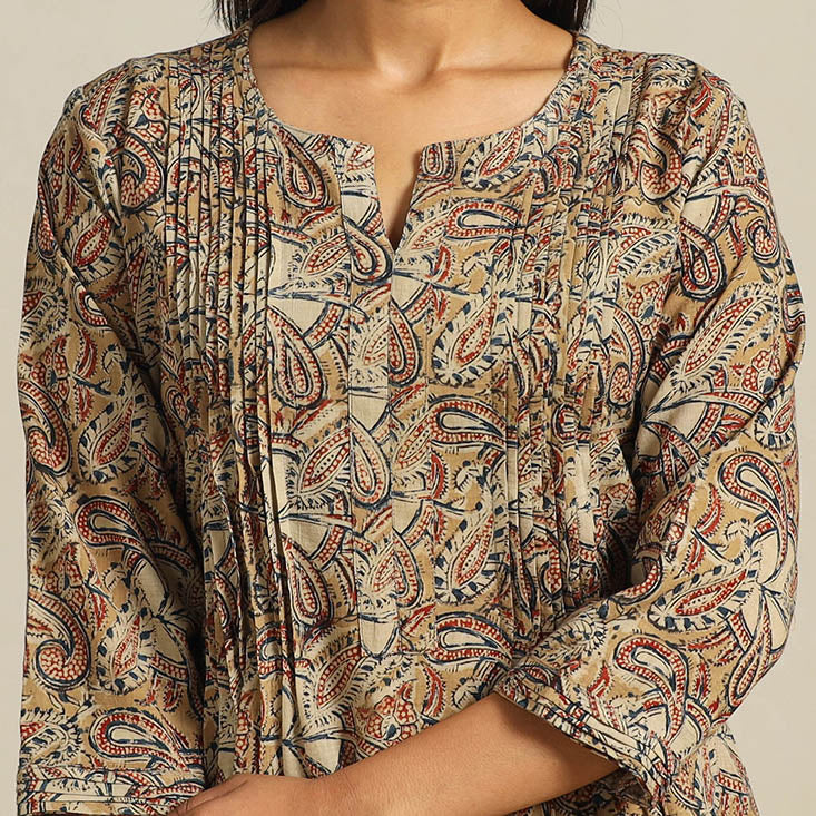  Beige Block Print Cotton A-Line Kalamkari Kurta For Women