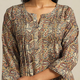  Beige Block Print Cotton A-Line Kalamkari Kurta For Women