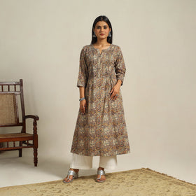  Beige Block Print Cotton A-Line Kalamkari Kurta For Women