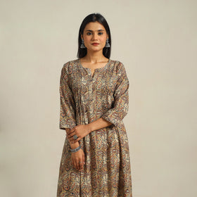  Beige Block Print Cotton A-Line Kalamkari Kurta For Women