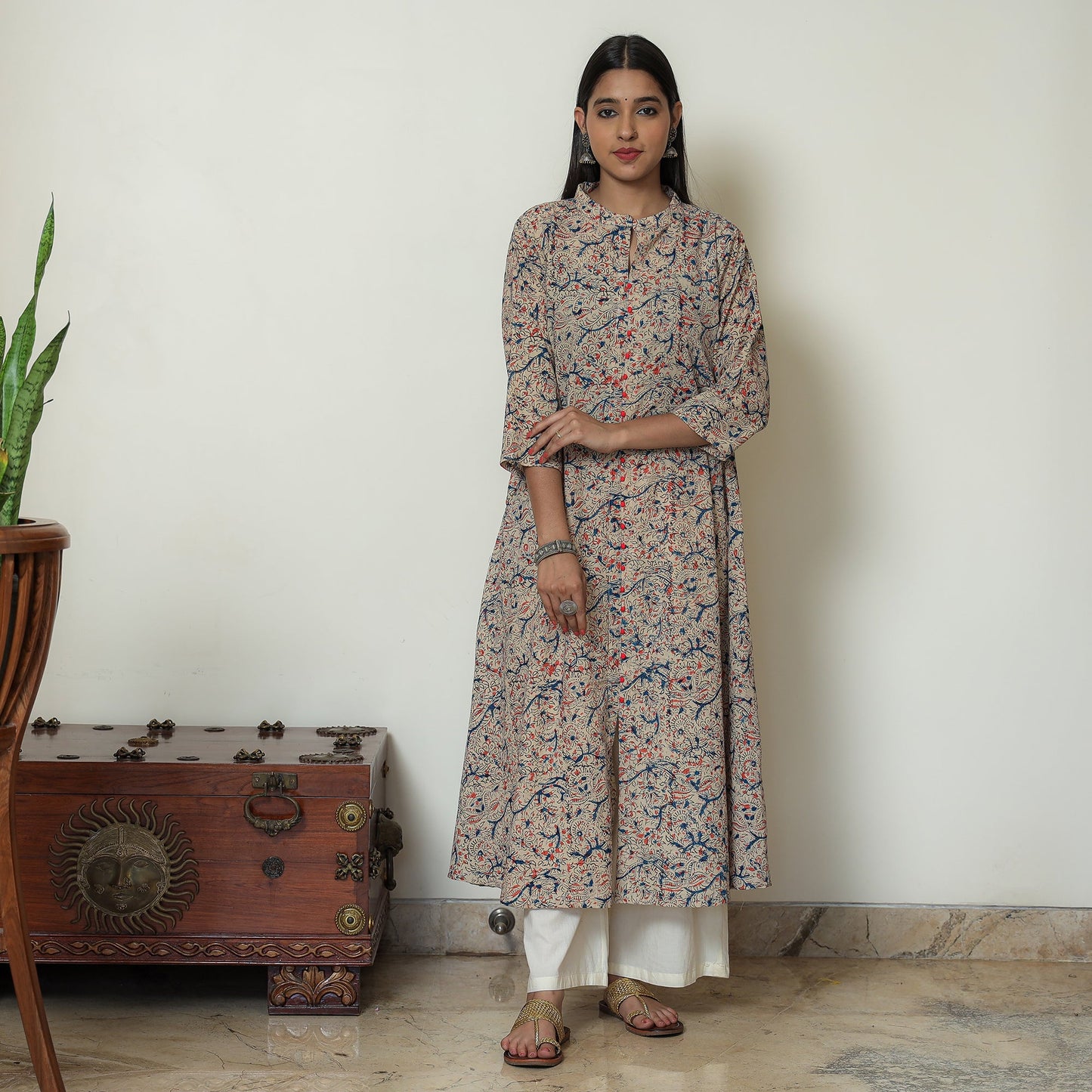 Buy Block Print Cotton A-Line Kalamkari Kurta For Women