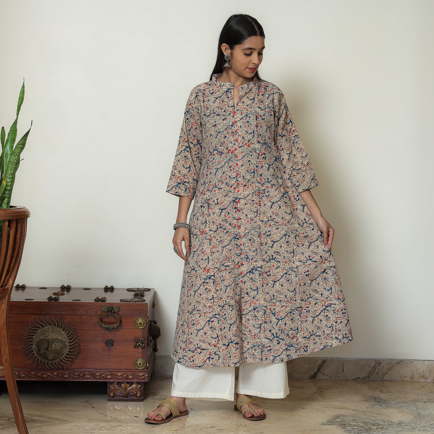 Buy Block Print Cotton A-Line Kalamkari Kurta For Women