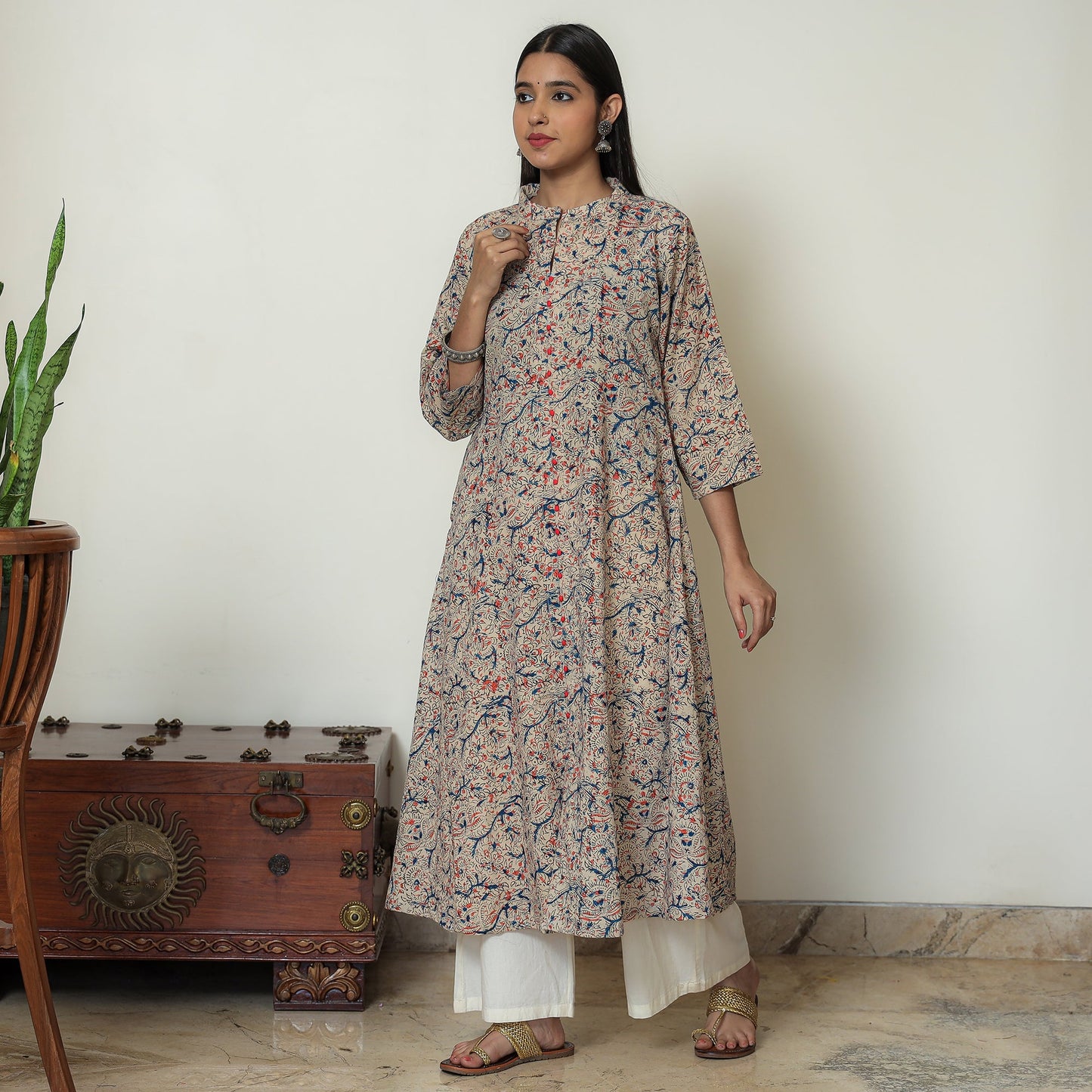Buy Block Print Cotton A-Line Kalamkari Kurta For Women
