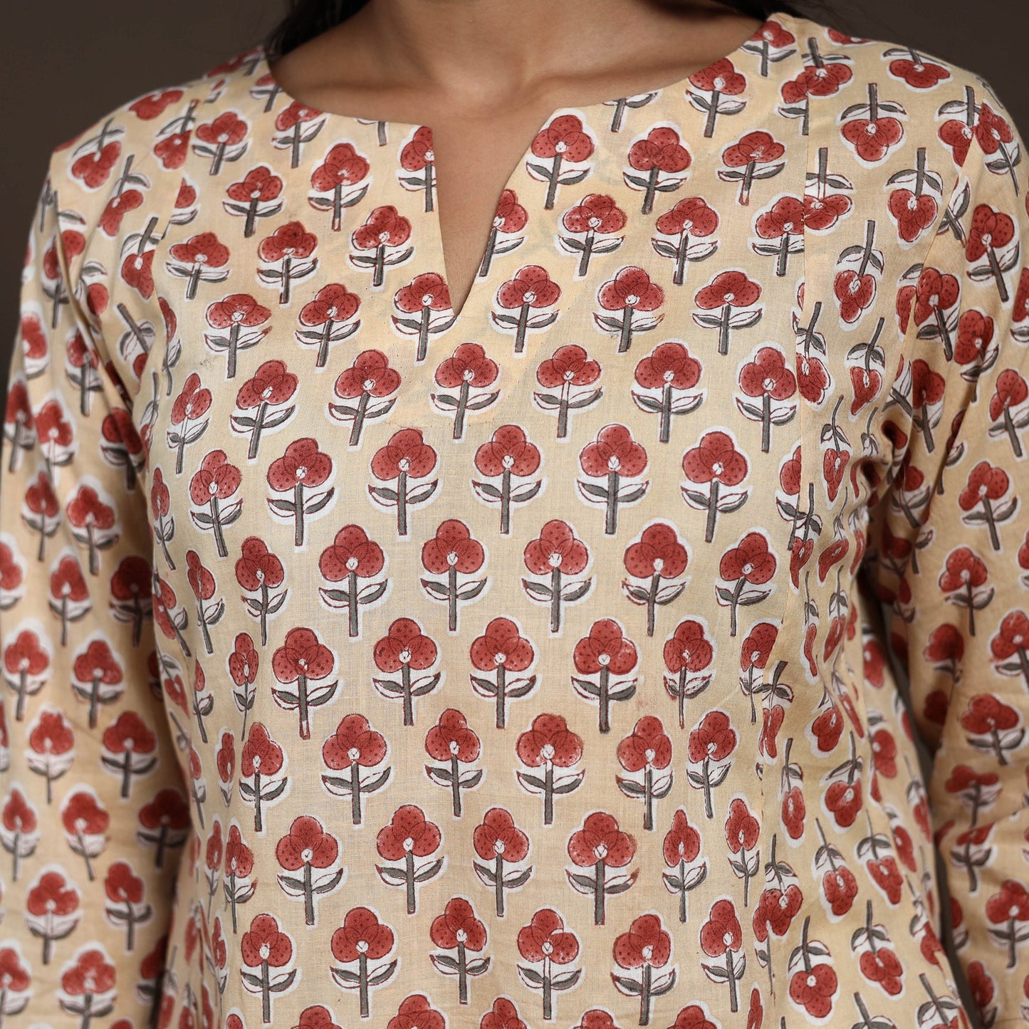 Beige - cotton a-line sanganeri kurta 01 - handcrafted