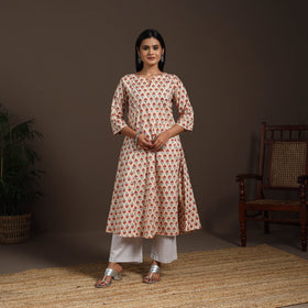 Beige - cotton a-line sanganeri kurta 01 - handcrafted