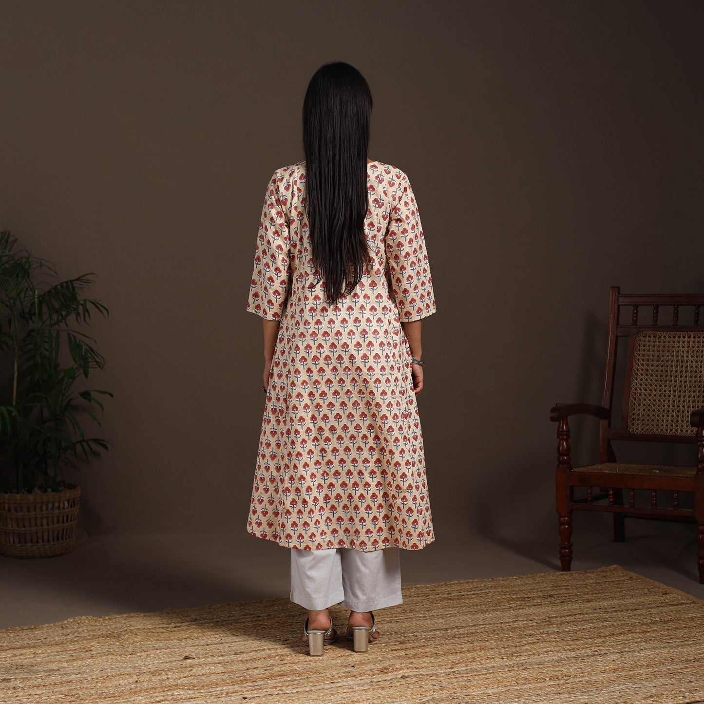 Beige - cotton a-line sanganeri kurta 01 - handcrafted