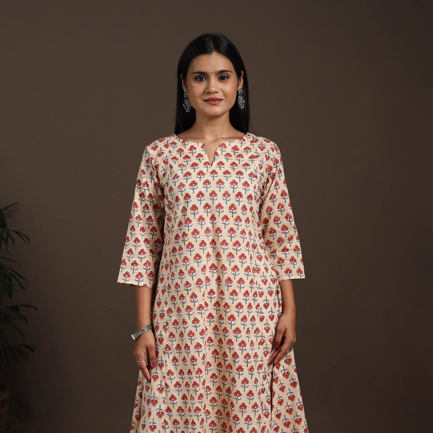 Beige - cotton a-line sanganeri kurta 01 - handcrafted
