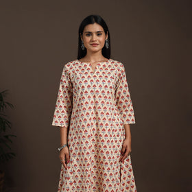 Beige - cotton a-line sanganeri kurta 01 - handcrafted