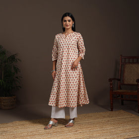 Beige - cotton a-line sanganeri kurta 01 - handcrafted
