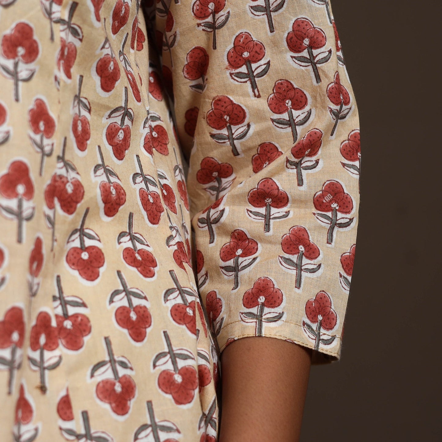 Beige - cotton a-line sanganeri kurta 01 - handcrafted