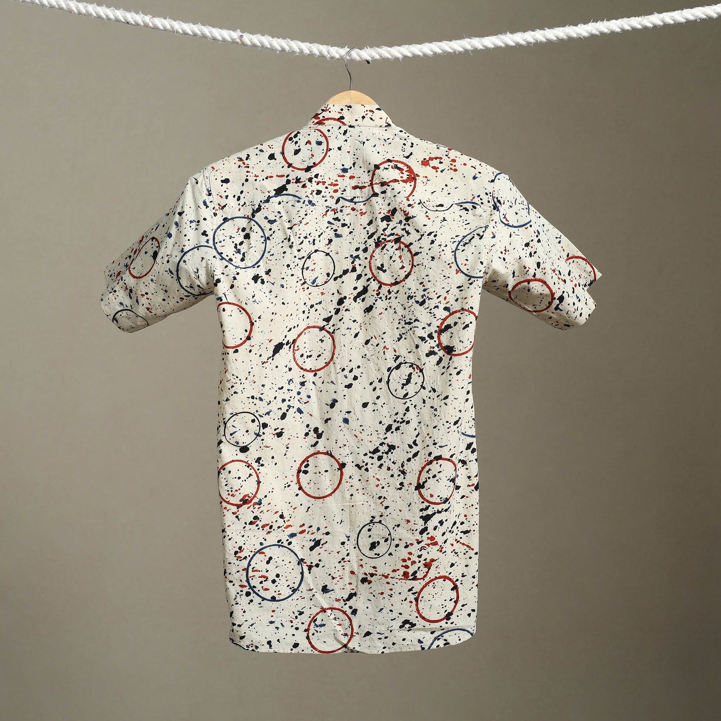 Beige Block Print Cotton Men Half Sleeve Ajrakh Shirt