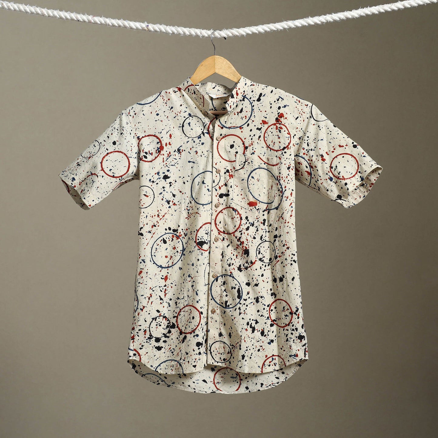 Beige Block Print Cotton Men Half Sleeve Ajrakh Shirt