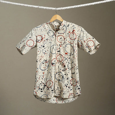 Beige Block Print Cotton Men Half Sleeve Ajrakh Shirt