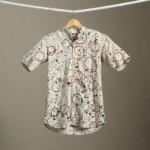 Beige Block Print Cotton Men Half Sleeve Ajrakh Shirt