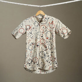 Beige Block Print Cotton Men Half Sleeve Ajrakh Shirt