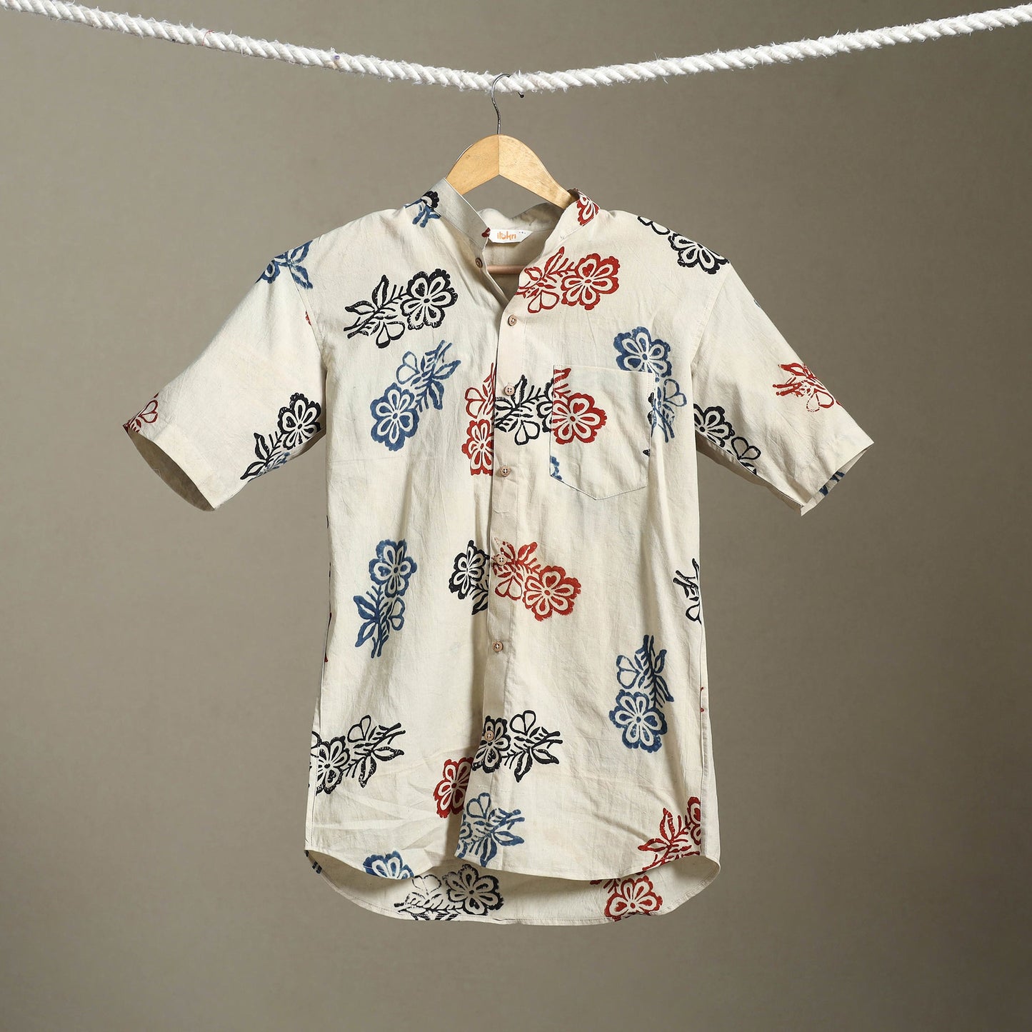 Beige Block Print Cotton Men Half Sleeve Ajrakh Shirt