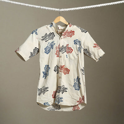 Beige Block Print Cotton Men Half Sleeve Ajrakh Shirt