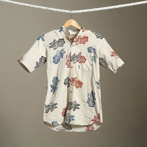 Beige Block Print Cotton Men Half Sleeve Ajrakh Shirt