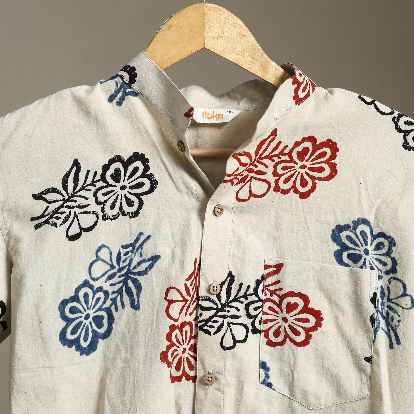 Beige Block Print Cotton Men Half Sleeve Ajrakh Shirt