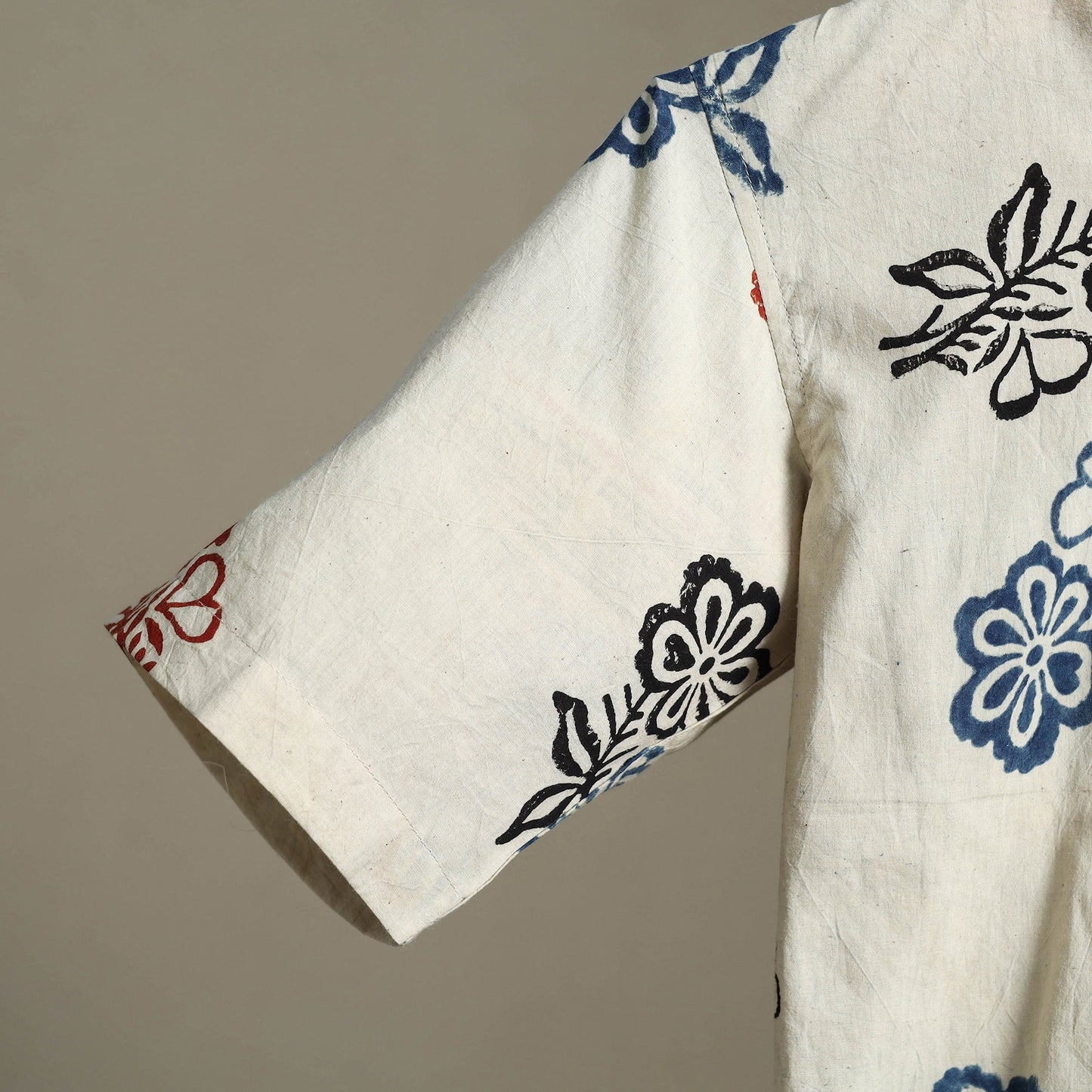 Beige Block Print Cotton Men Half Sleeve Ajrakh Shirt