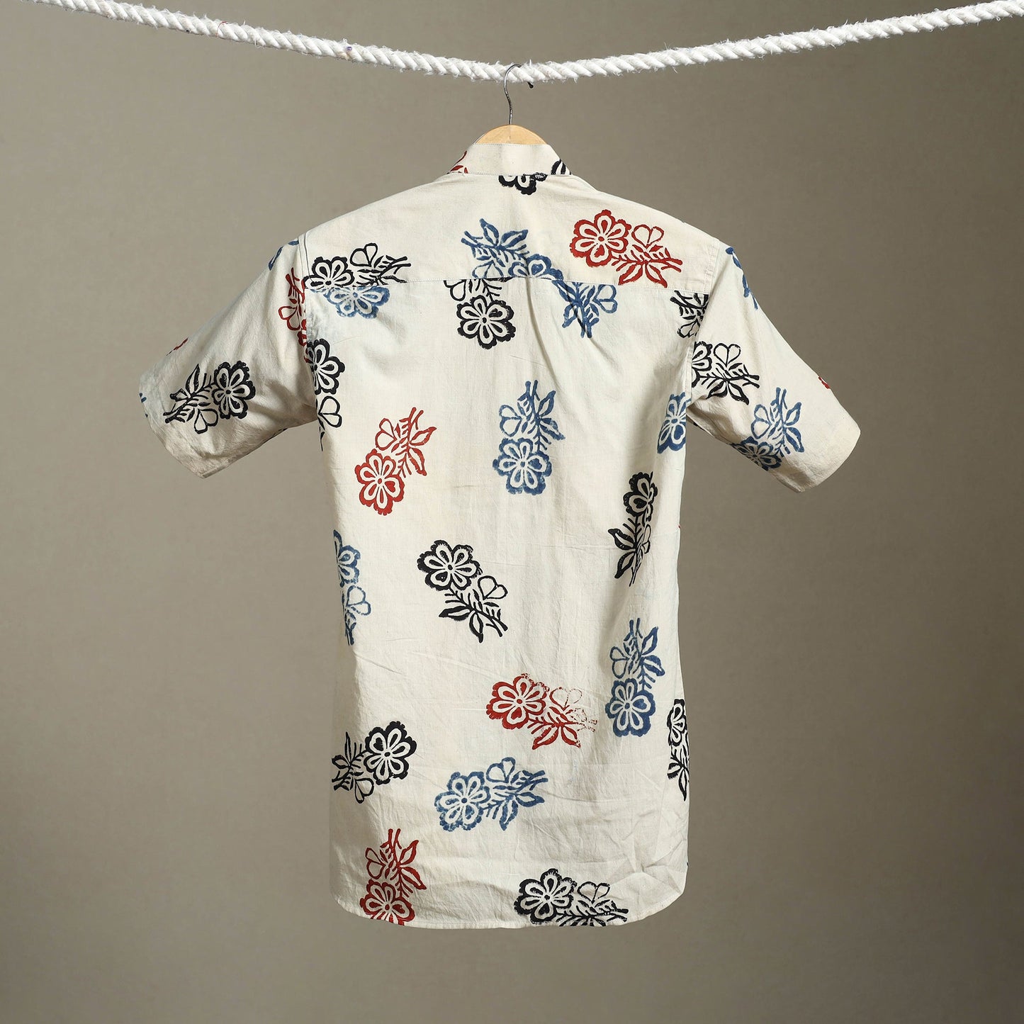 Beige Block Print Cotton Men Half Sleeve Ajrakh Shirt