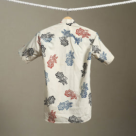 Beige Block Print Cotton Men Half Sleeve Ajrakh Shirt