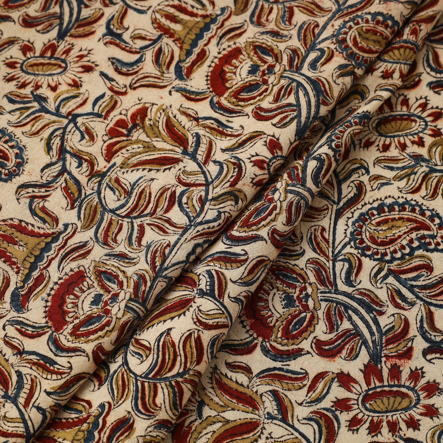  Beige Block Print Cotton Pedana Kalamkari Fabric