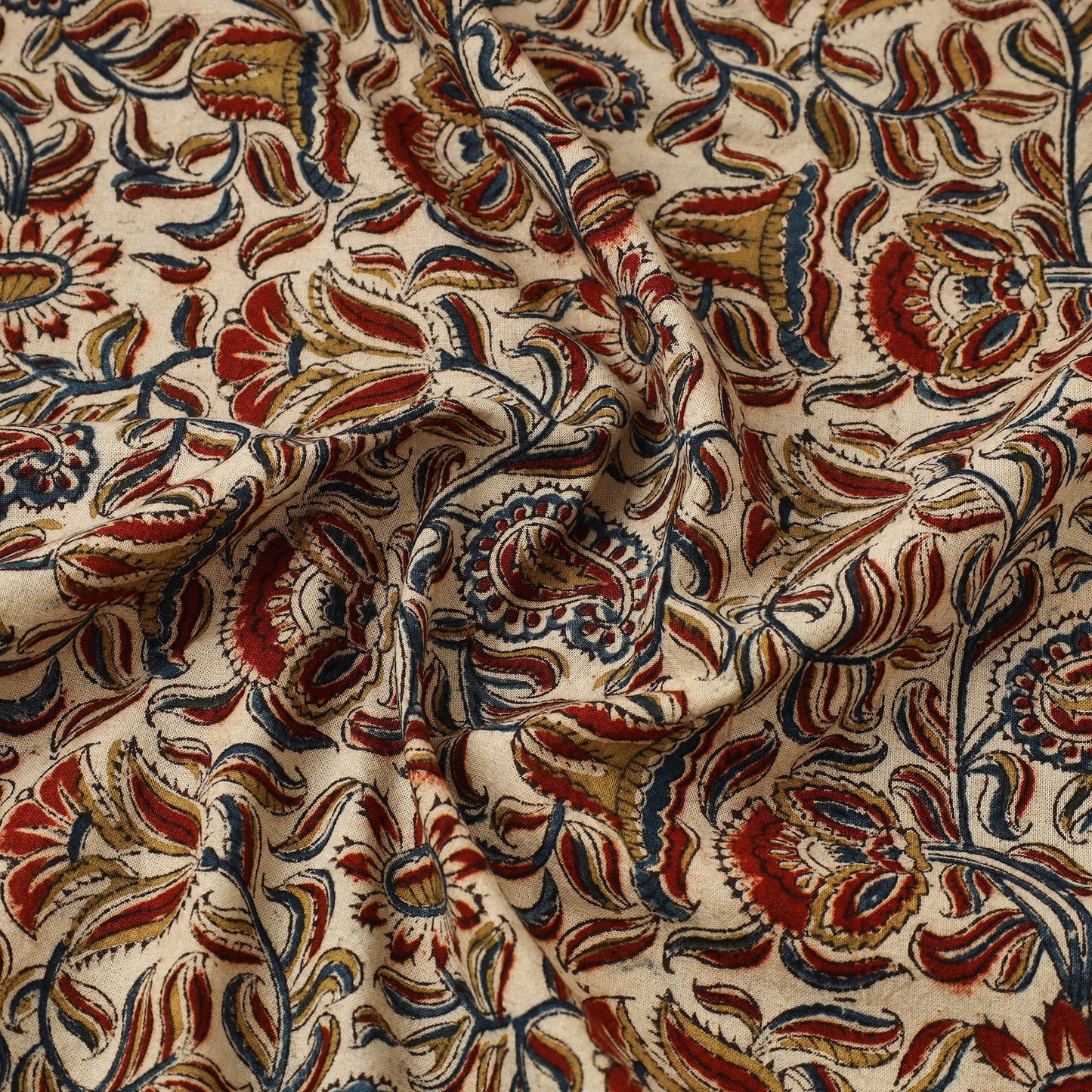  Beige Block Print Cotton Pedana Kalamkari Fabric