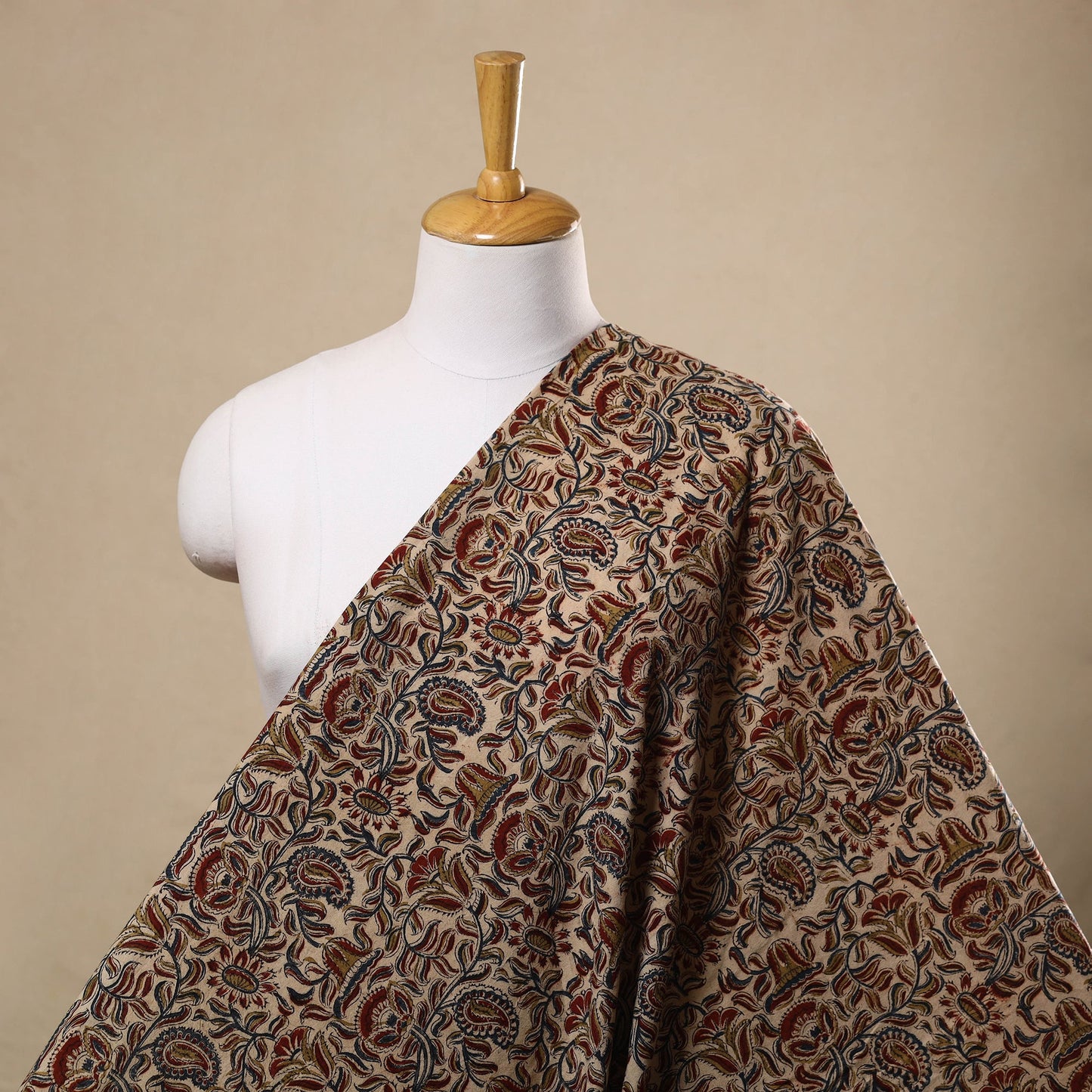  Beige Block Print Cotton Pedana Kalamkari Fabric