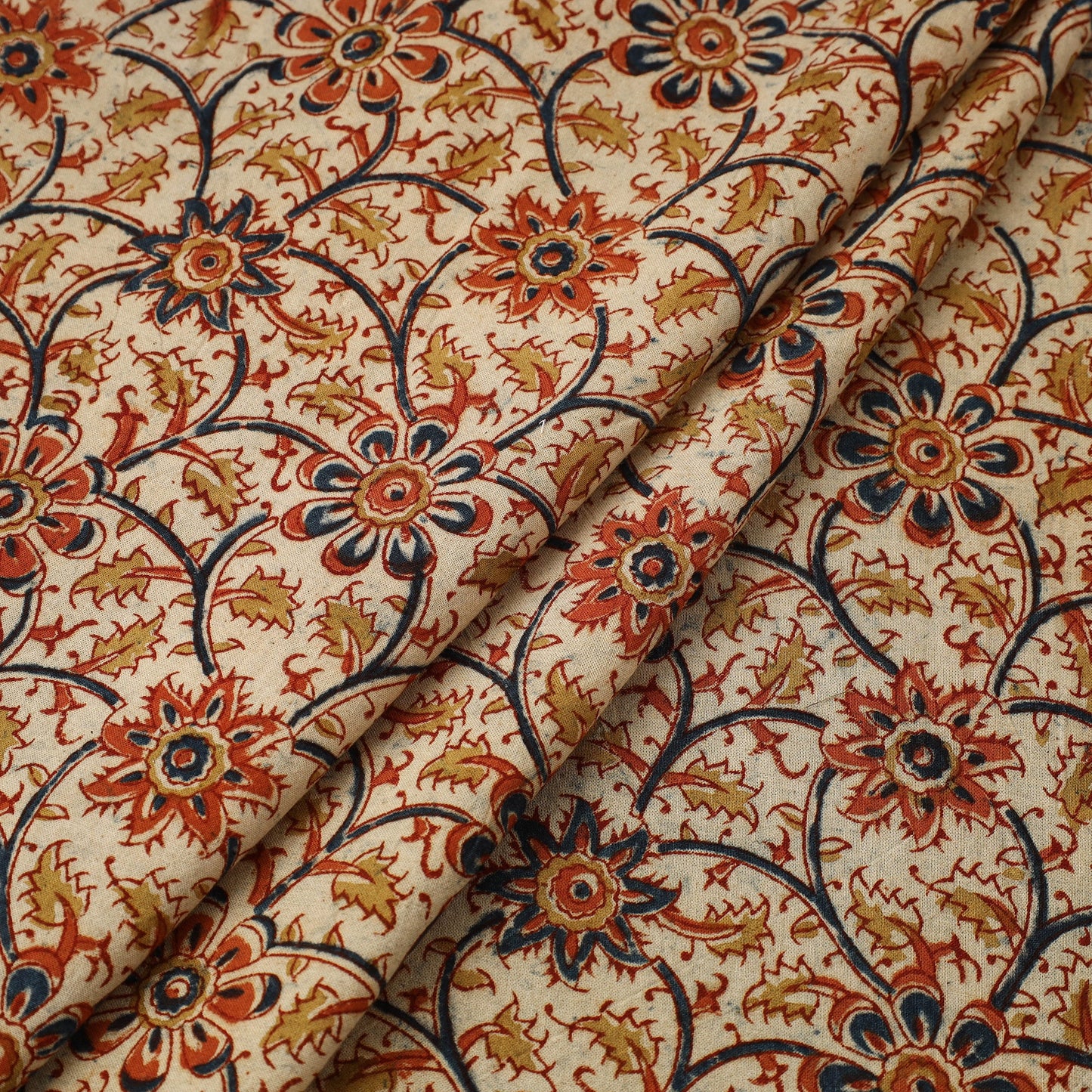  Beige Block Print Cotton Pedana Kalamkari Fabric